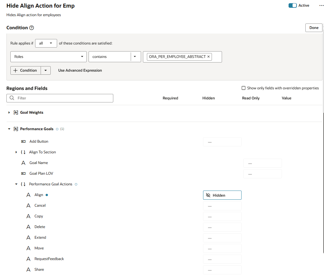 「パフォーマンス目標」フォーム・ルールの「条件」セクションと「リージョン」セクションと「フィールド」セクション