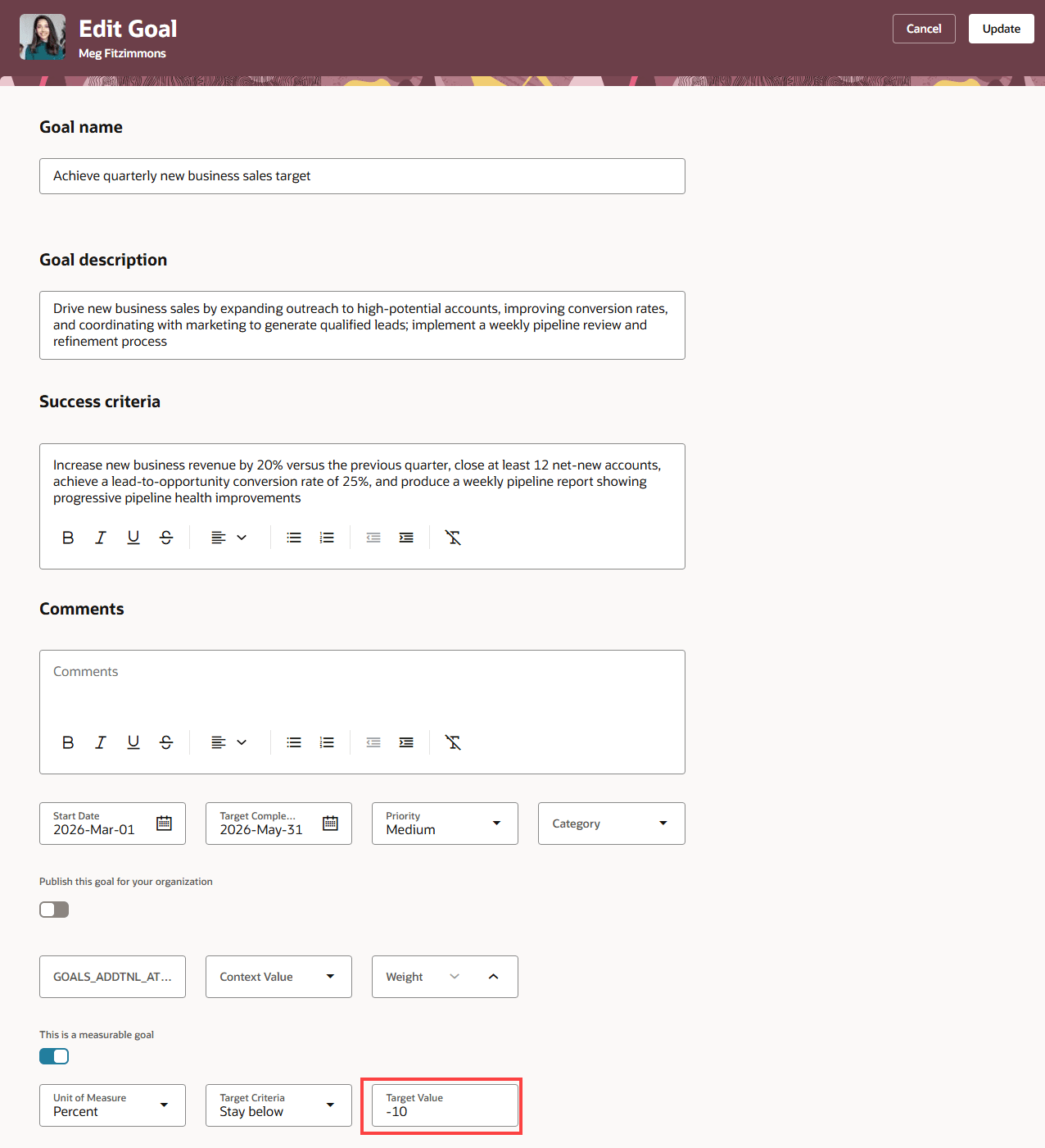 ターゲット値測定がマイナスの「目標の編集」ページ
