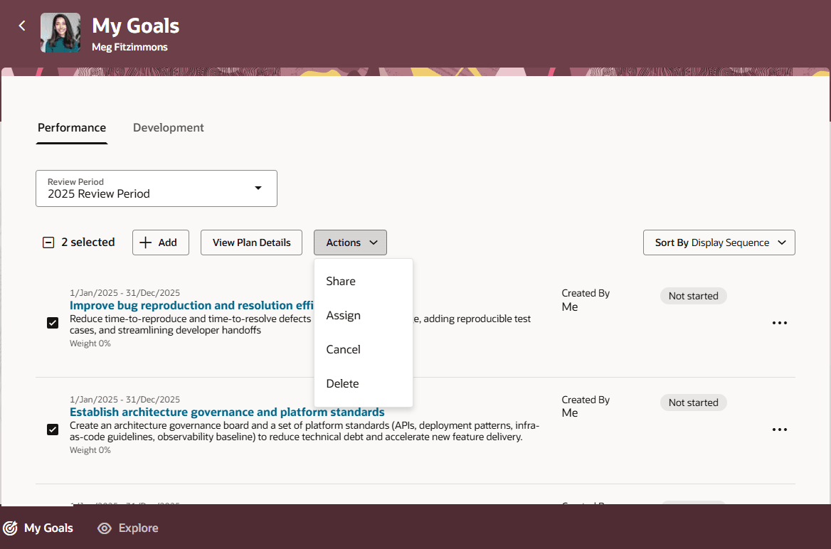 マネージャの「自分の目標」ページの「パフォーマンス」タブの「処理」メニュー