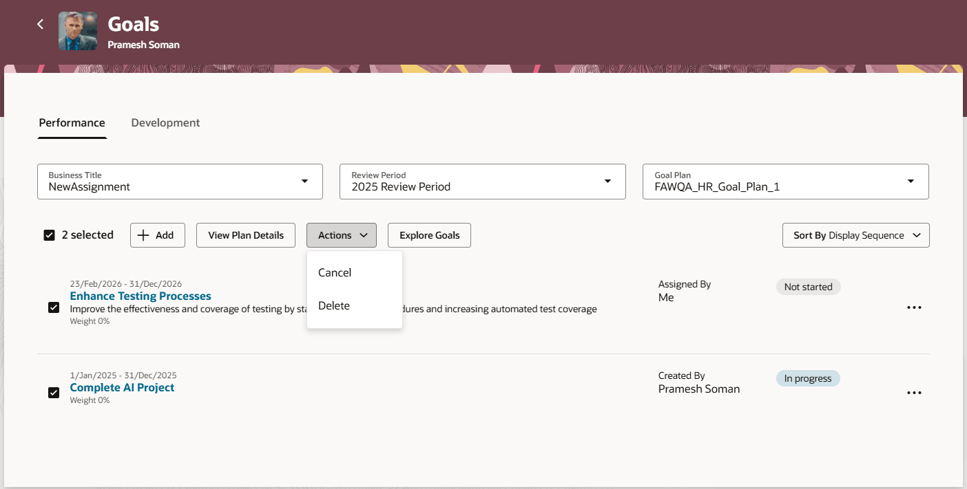 組織メンバーの「目標」ページの「パフォーマンス」タブの「処理」メニュー