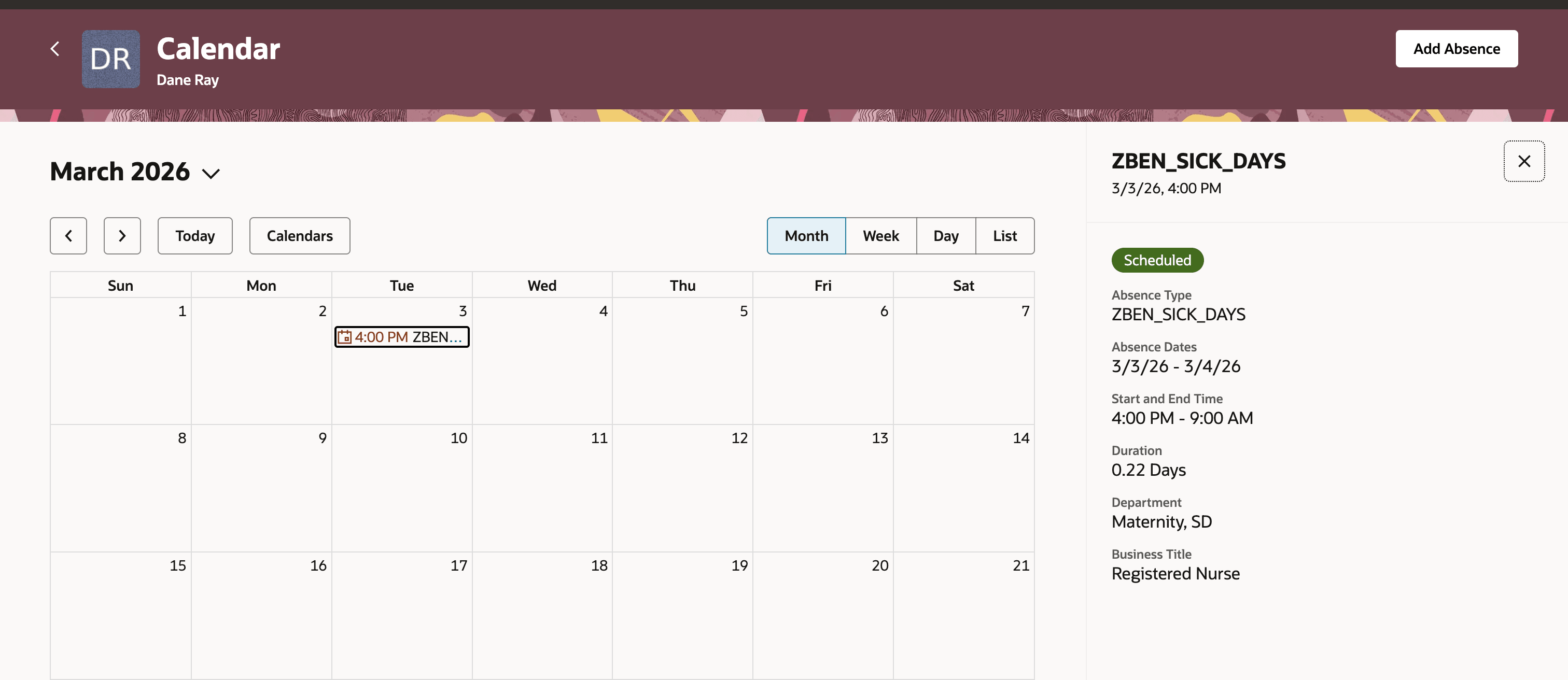 開始日に表示される夜間休暇欠勤