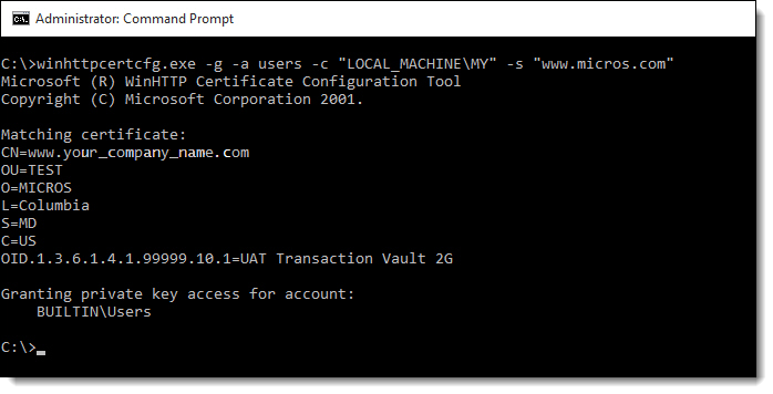 This figure shows the command prompt window where you configure the customer certificate.