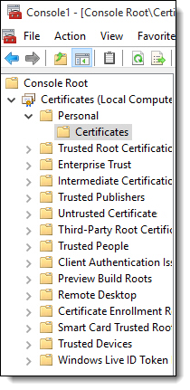 This figure shows the Console Root window where you import certificates.