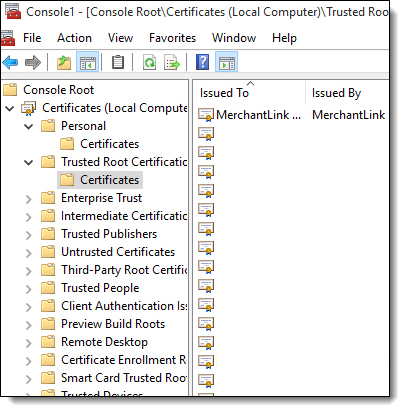 This figure shows the Console Root window with the MerchantLink Certificate in the Trusted Root Certificates folder.