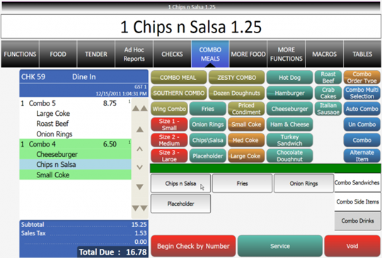 This figure shows a combo meal after replacing the placeholder item in the check detail area.