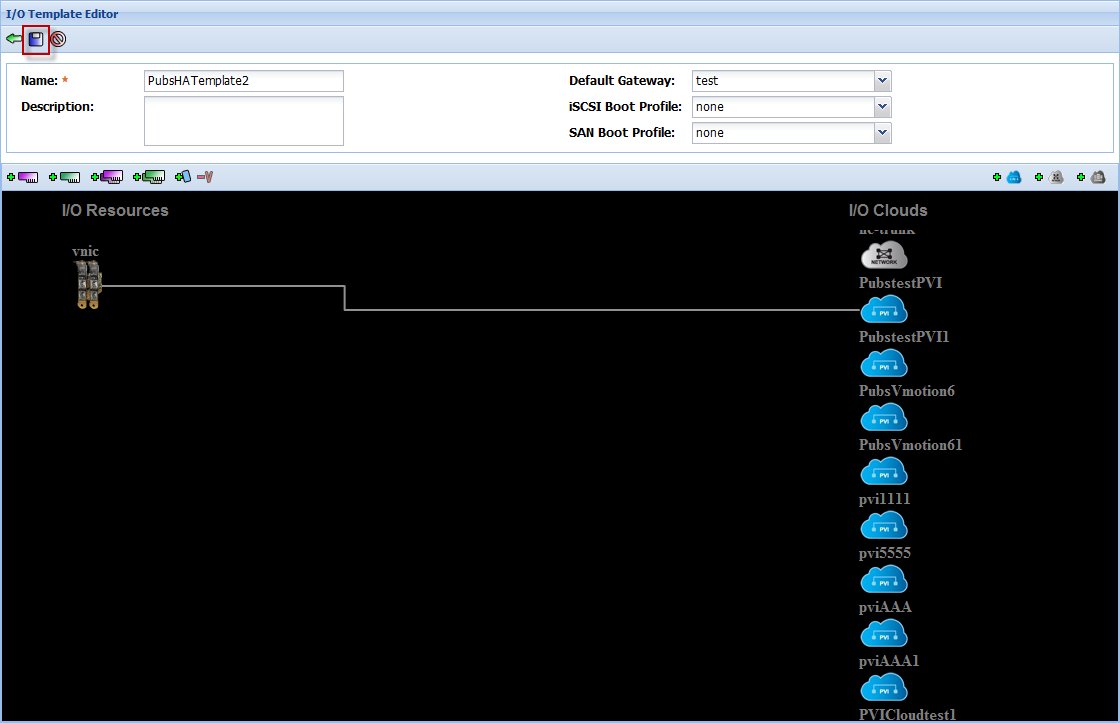 image:图中显示了已连接到单个 PVI 云的 HA VNIC，其中保存到磁盘图标突出显示。