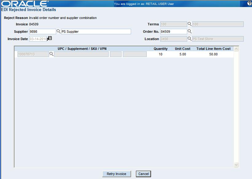 EDI Rejected Invoice Details Window