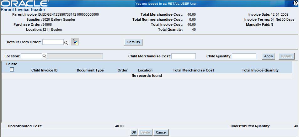 Parent Invoice Header Window
