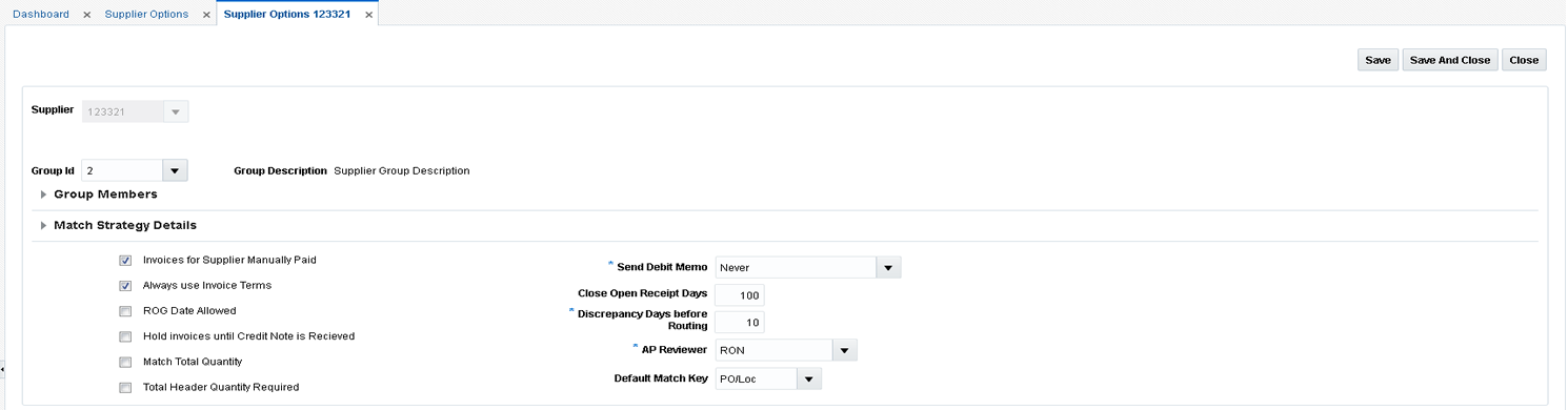 Supplier Options Window