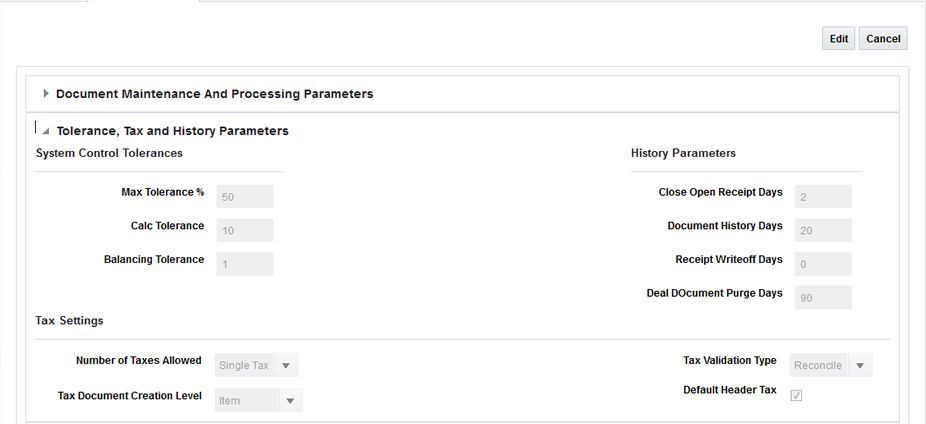 System Options – Tolerance, Tax and History Parameters