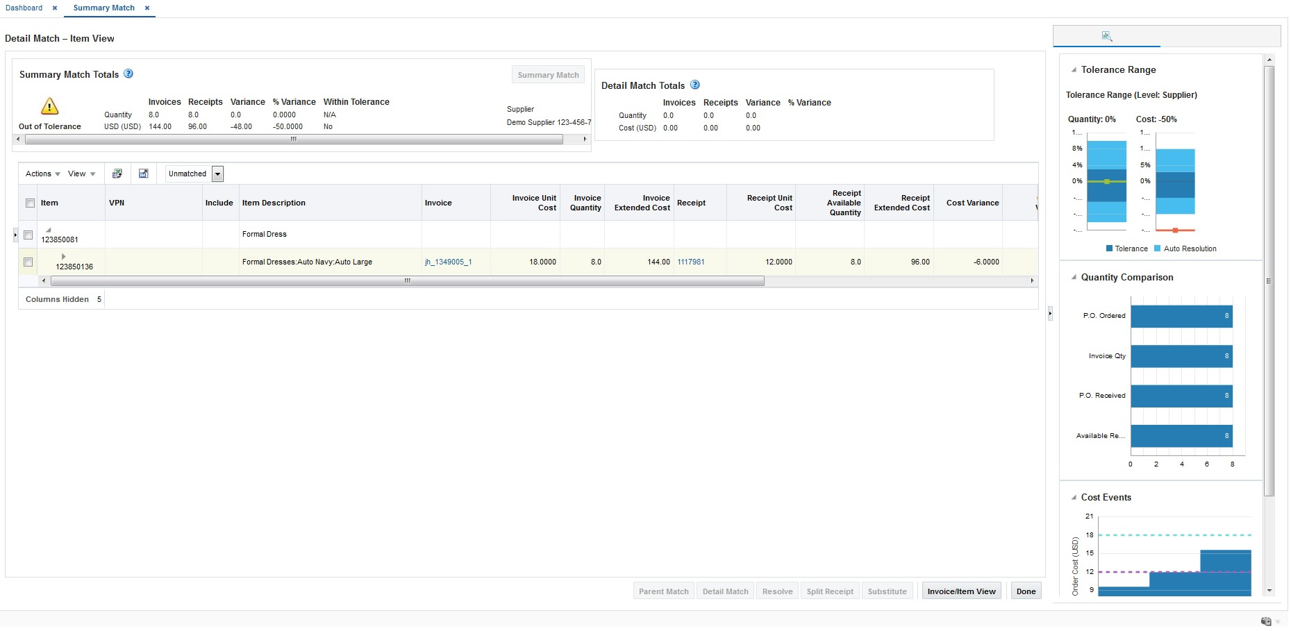 In-context BI Reports on Detail Match Window