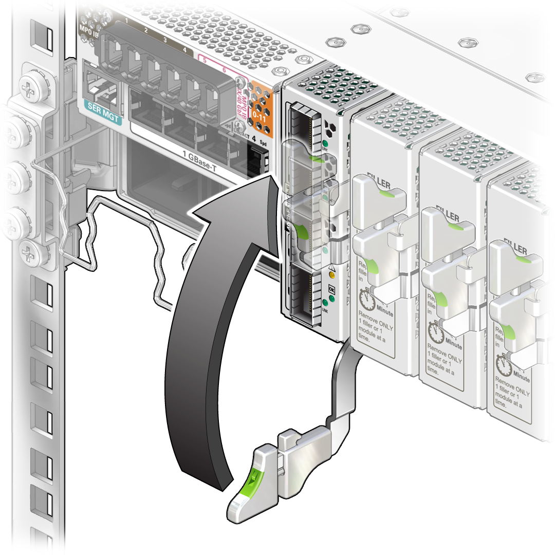 image:モジュールが正しく取り付けられたあとのリリースレバーの最終的な位置を示す図。