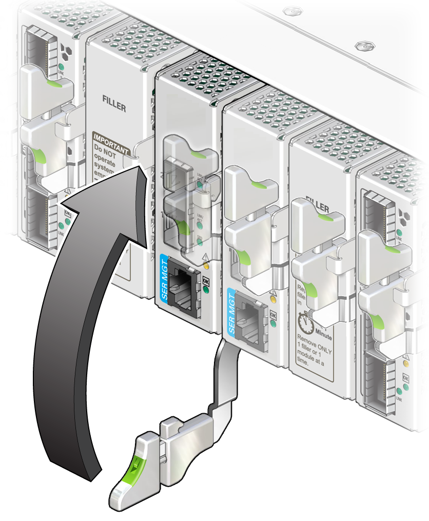 image:この図は、モジュールをスロットに取り付けて固定しているところを示しています。