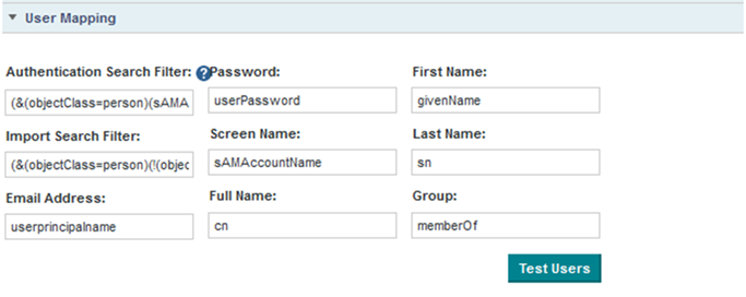 User Mapping section on the LDAP tab of the Configure Authentication dialog