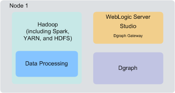 This diagram shows Big Data Discovery software deployed on a single node. This deployment includes CDH, WebLogic Server with Studio and Dgraph Gateway, and the Dgraph.