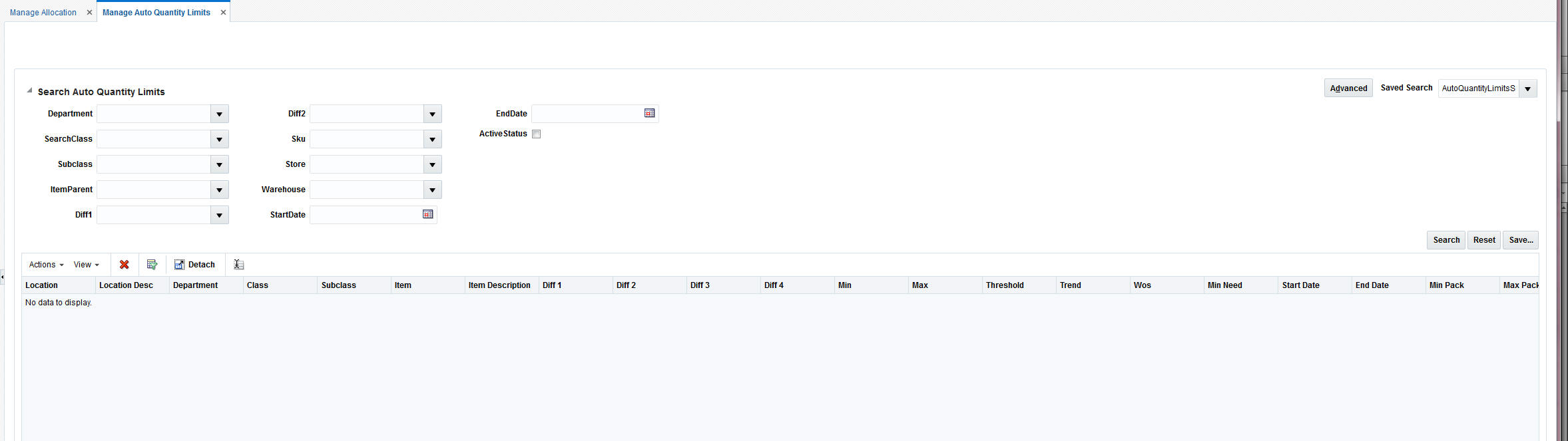Manage auto quantity limits window