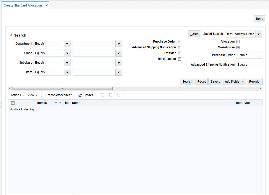 Create standard allocation advanced search window