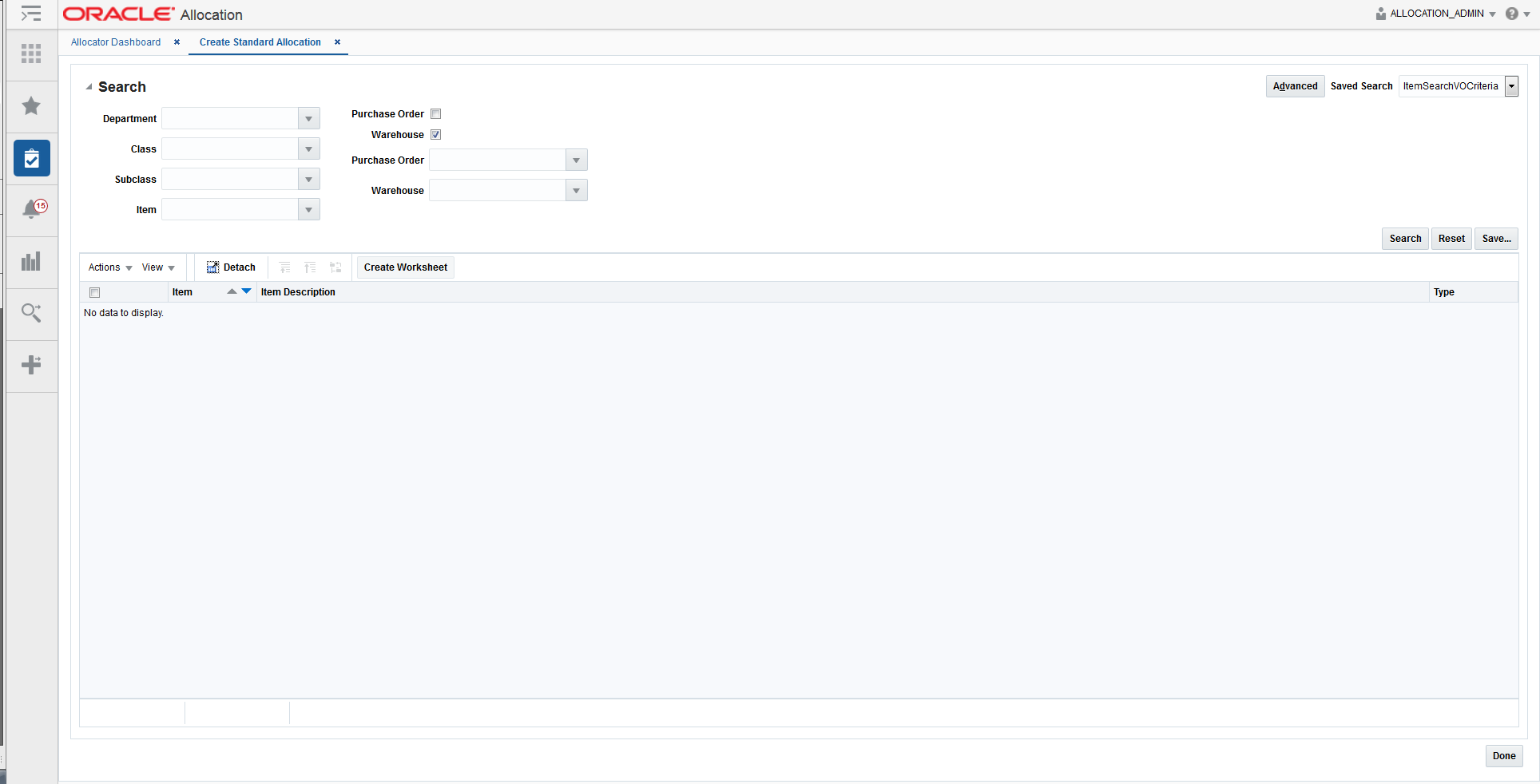 Create standard allocation basic search window