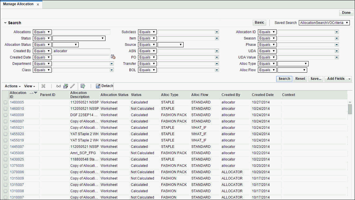 The manage allocations window with advanced search options
