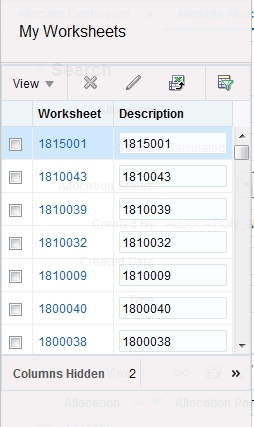 My worksheets in the left panel