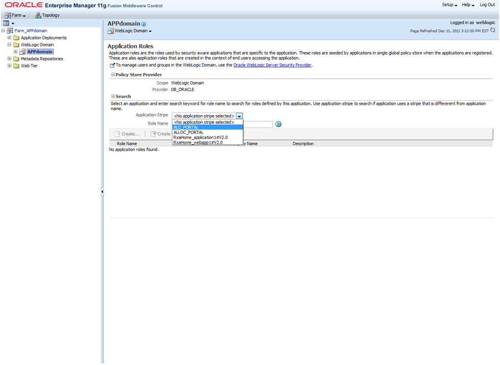 The application roles window