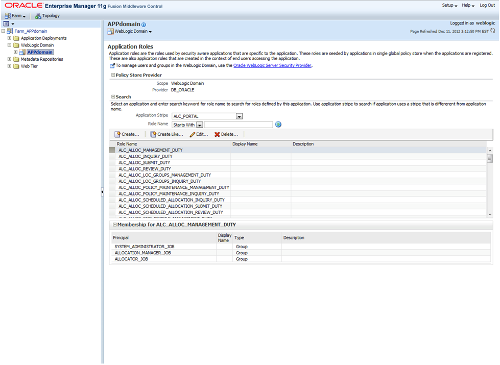 A view of the default application roles
