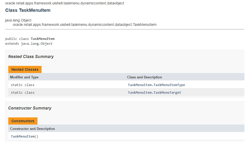 Java Doc of TaskMenuItem Class