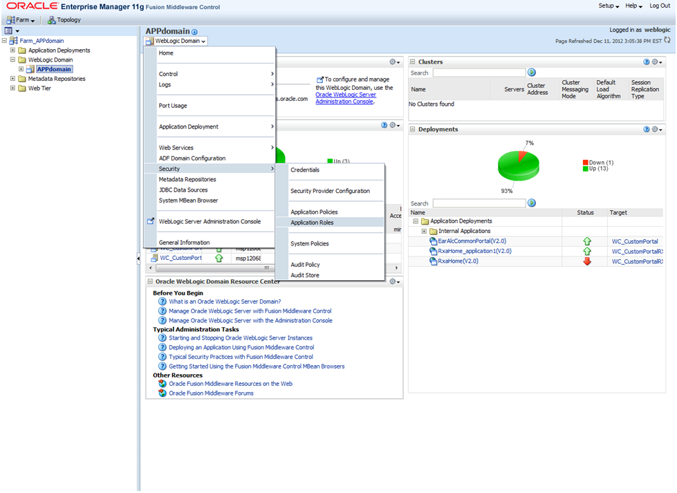 Display Security Menu through WebLogic