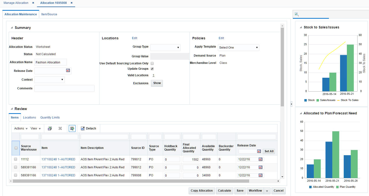 Contextual Pane in Allocation Maintenance