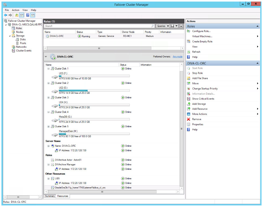 Failover CLuster Manager - DIVA-CL-ORC Roles