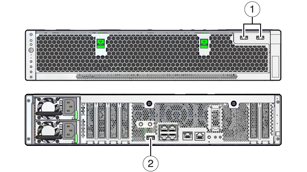 image:前面と背面の両方の USB ポートの位置を示す図。
