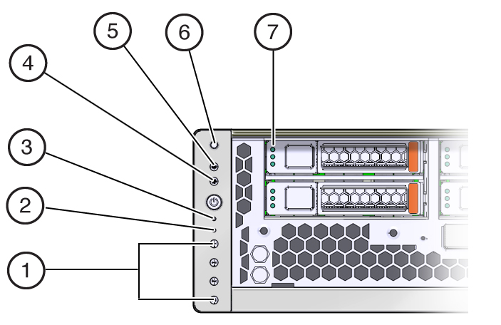 image:サーバーの前面にある LED を示す図。