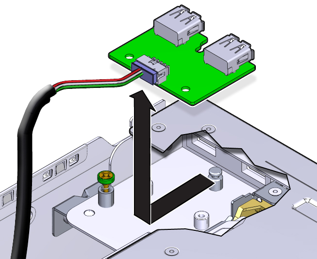 image:図は、USB ボードをピンから外して取り外す様子を示しています。
