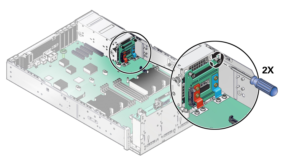 image:PDB の 2 本の脱落防止機構付きねじの取り外しを示す図。