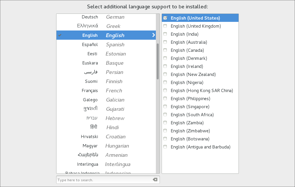 この図は、言語サポート画面上のオプションを示しています。2つのリスト・ボックスがあります。左側のボックスには、言語のリストが表示されます。この下には検索ボックスがあります。右側のボックスには、左側で現在選択している言語のロケール・リストが表示されます。
