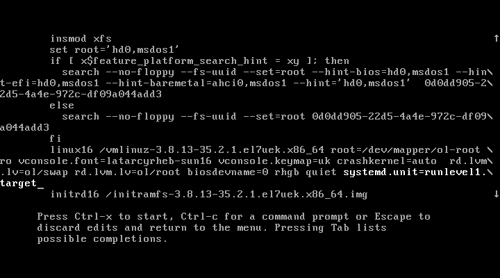 この図はレスキュー・シェルを開始するパラメータsystemd.target=runlevel1.targetが追加されたカーネル・ブート行を示しています。