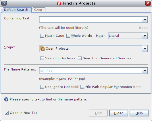image:Default search tab for Finding in Projects dialog                                 box.