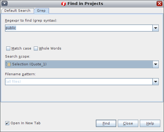 image:Grep search tab for Finding in Projects dialog box.