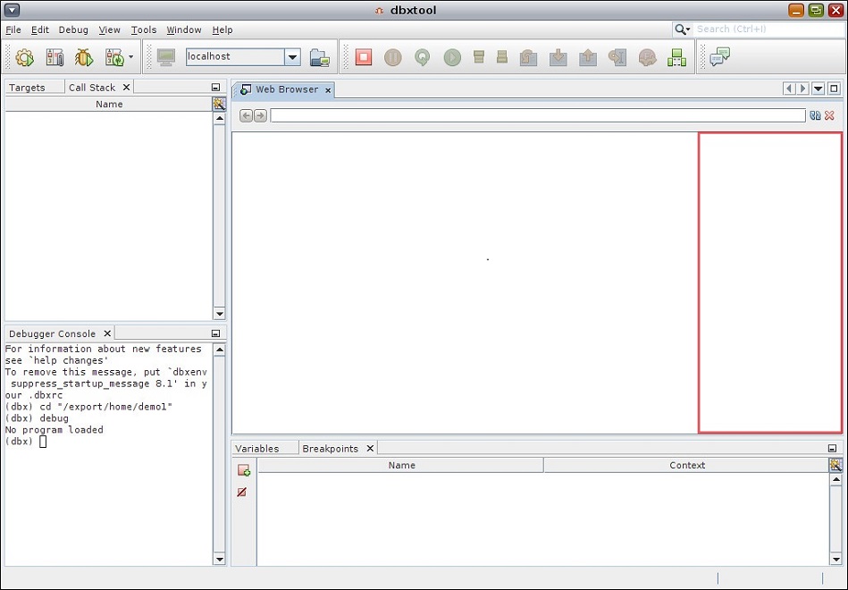 image:dbxtool window with outline of Call Stack                                                   Window being dragged to far right tabs                                                   area