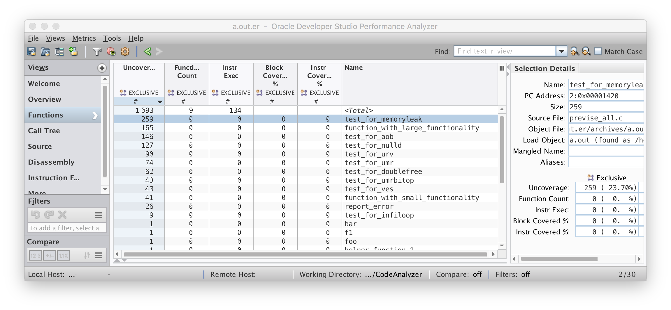 image:Functions view of Uncover report in Performance Analyzer