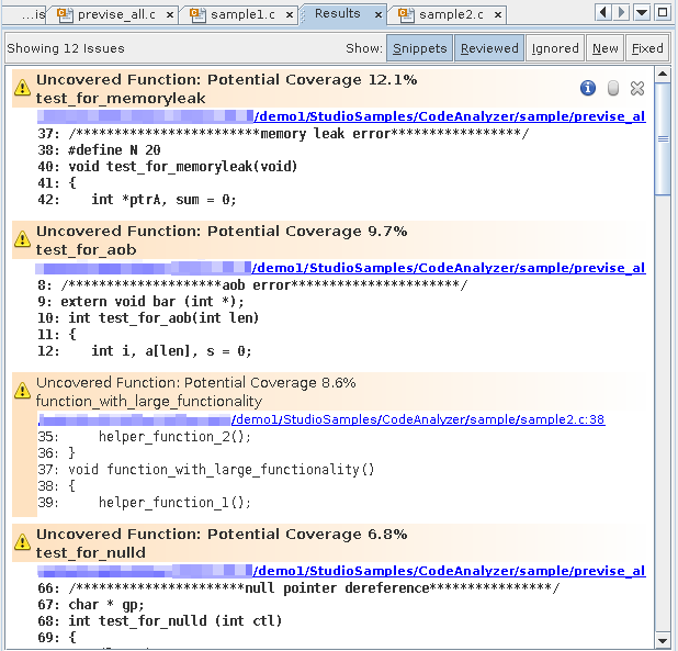 image:Code Analyzer Results tab showing some of the code coverage                                 issues