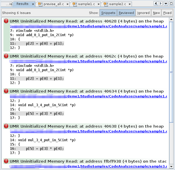 image:Code Analyzer Results tab showing six dynamic memory                                 issues