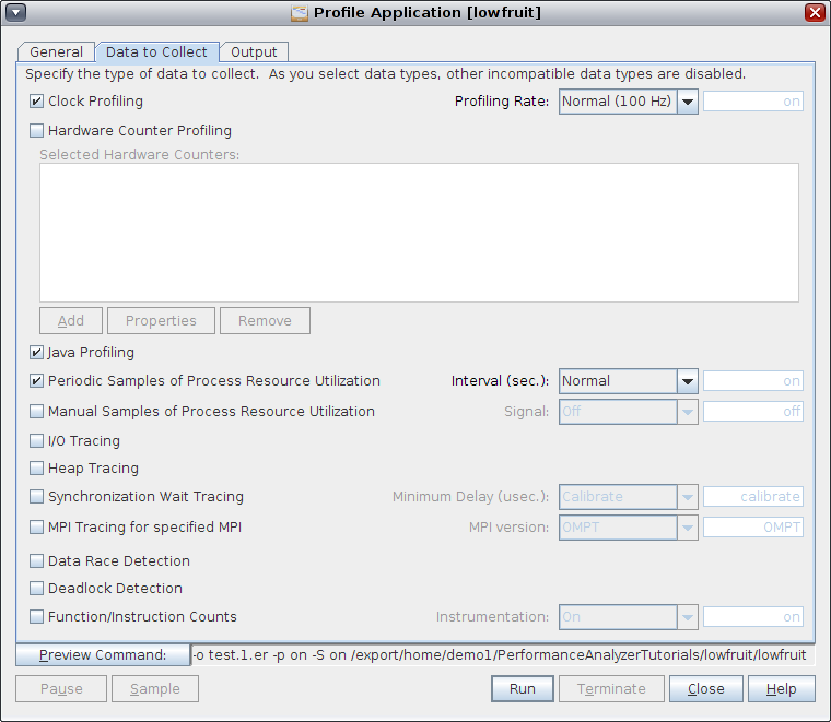 image:Data to Collect window Profile Application dialog box