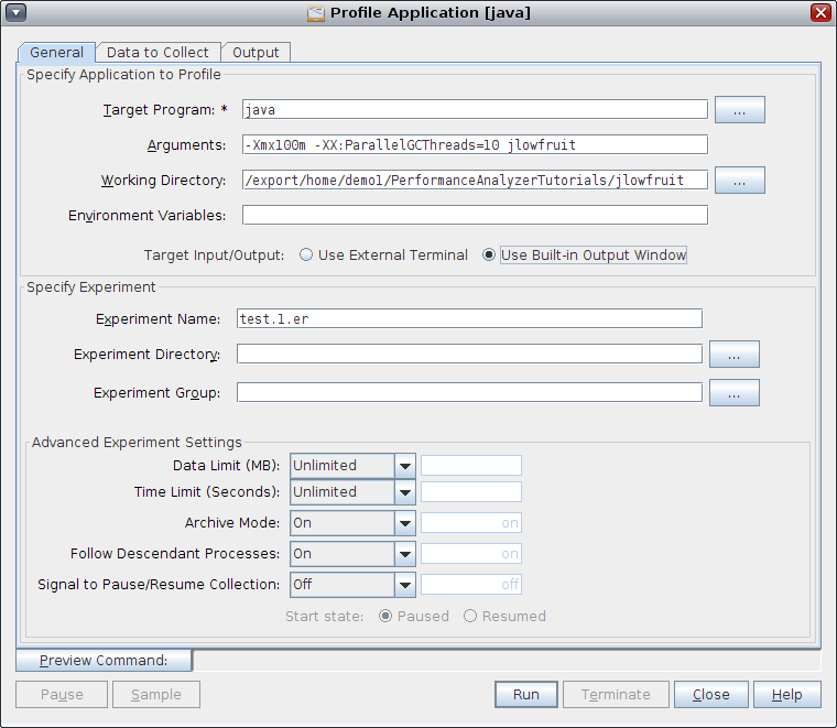 image:General tab of the Profile Application dialog box with preset Target Program and Arguments