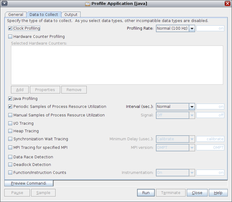 image:Data to Collect window Profile Application dialog box