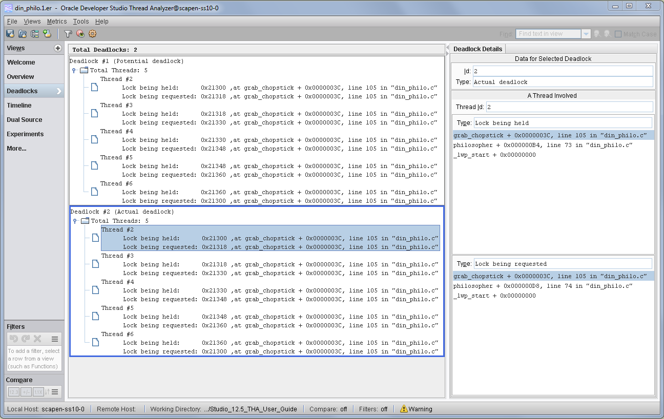 image:A screen shot of the Thread Analyzer's window, which shows an actual               deadlock.