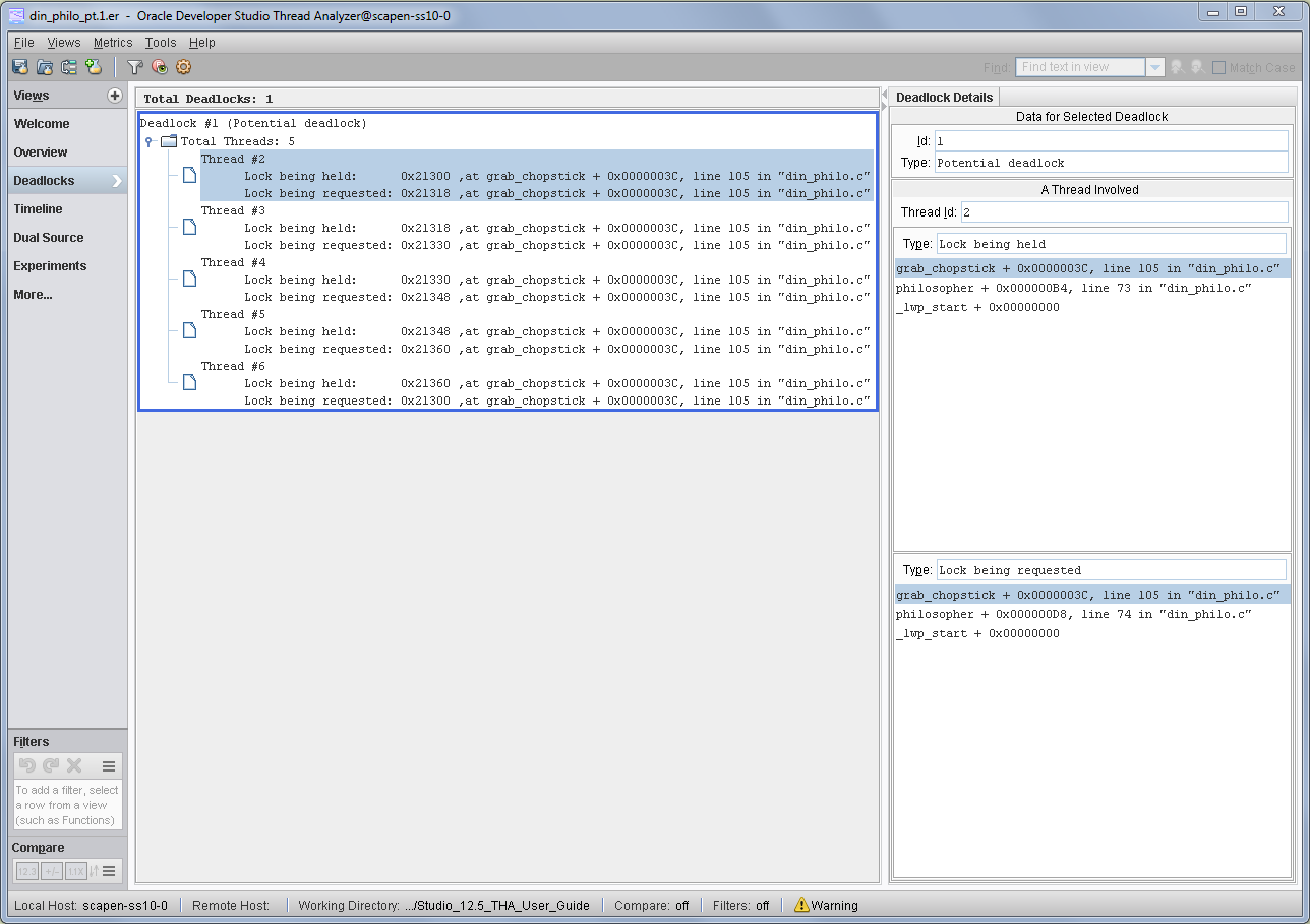 image:A screen shot of the Thread Analyzer window which shows a potential               deadlock.