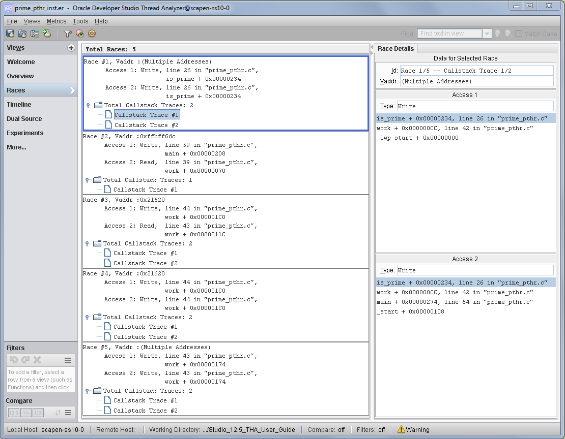 image:A screen shot of the Thread Analyzer window showing the                                           Race Details window with call stack traces for a data race                                           in prime_omp.c