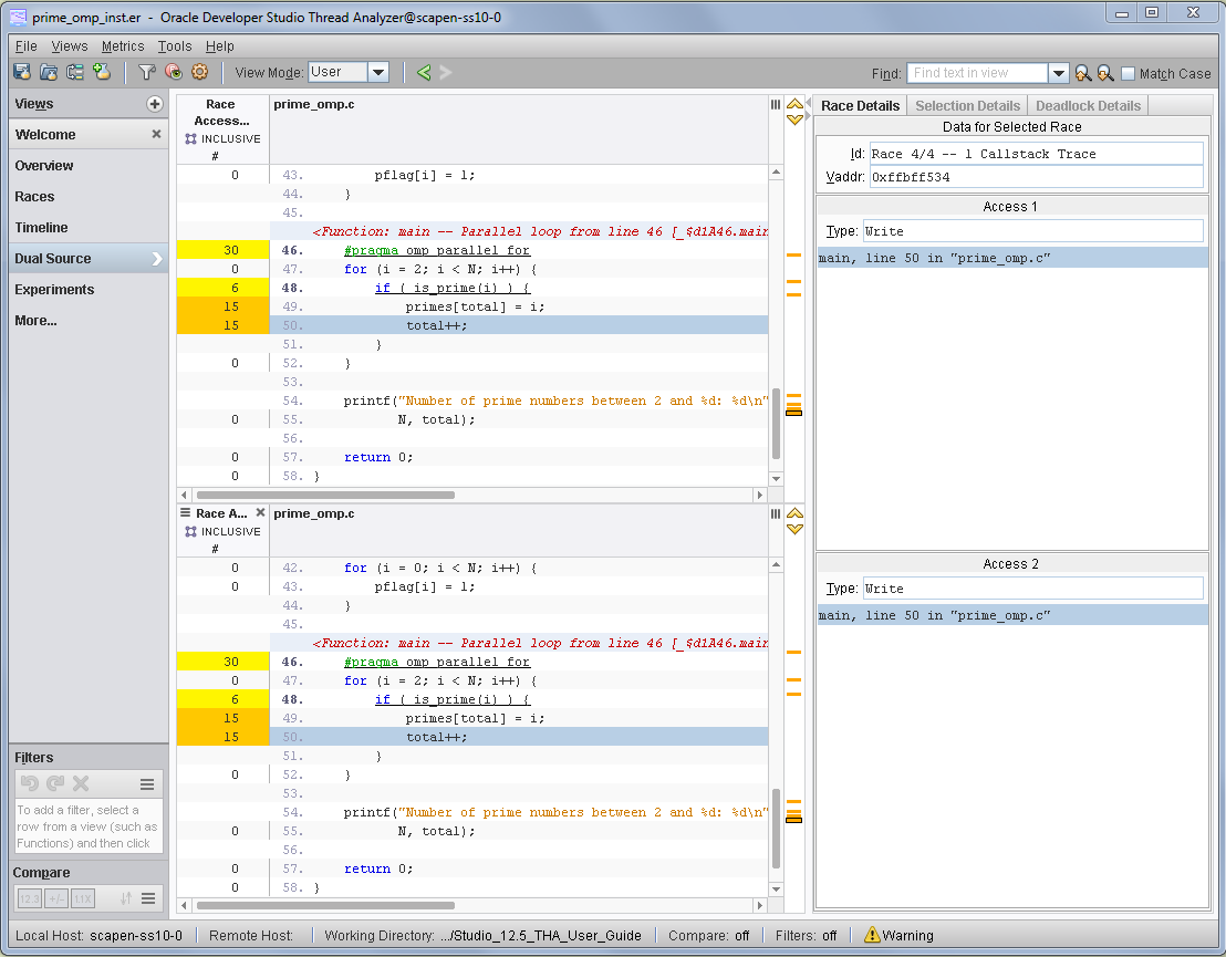 image:A screen shot of the Thread Analyzer window showing the                                           Dual Sources view for a data race in                                           prime_omp.c.