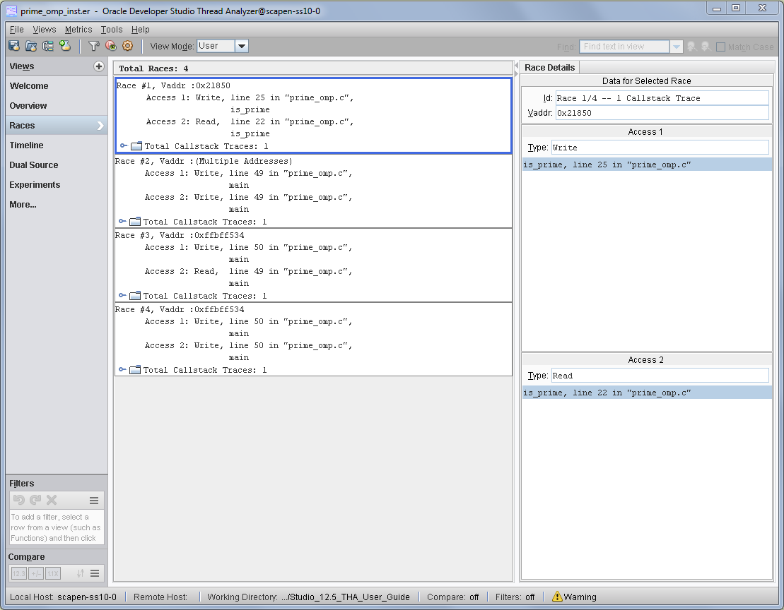 image:A screen shot of the Thread Analyzer window showing the                                           Races view for prime_omp.c.